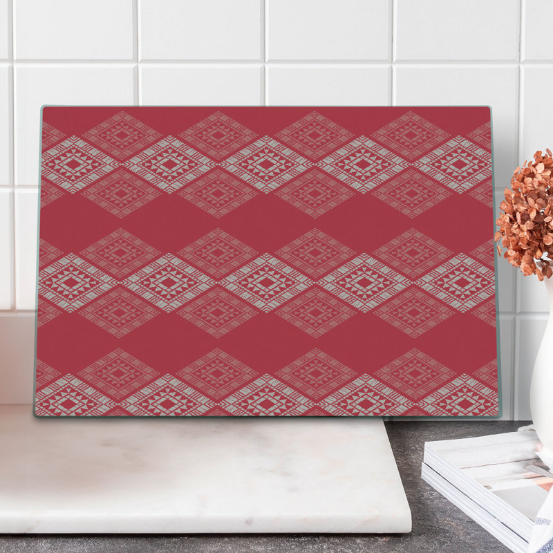 Ambesonne Aztec Cutting Board Large Size Square and Triangle Forms Dark Coral and Pale Eggshell