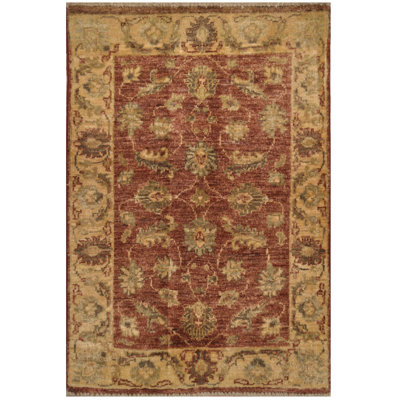 Tapis bordeaux / beige en laine noué à la main de conception unique 2 pi x 3 pi Kazak