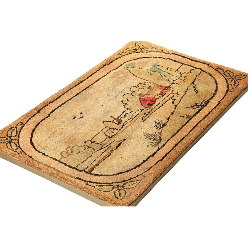 Antique Hooked Rug In Beige-Brown Landscape Pictorial - Rug & Kilim