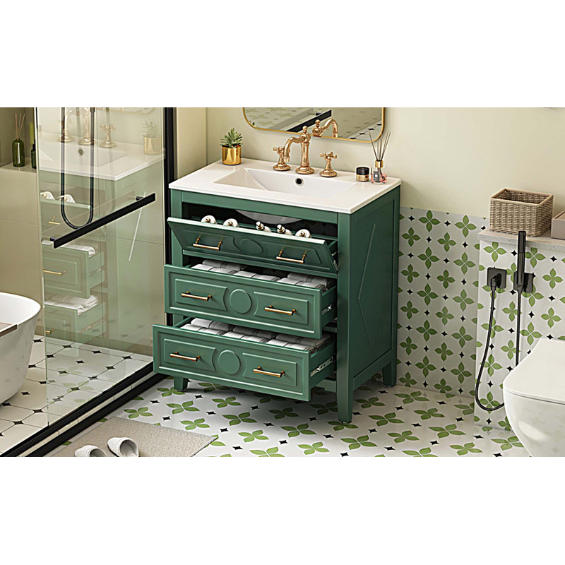 Armoire de salle de bain 30 po avec lavabo en céramique 30 po et 3 tiroirs, Vert