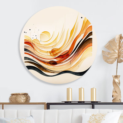 «Burnt Orange Waves Abstract IV - Abstract Minimalisme», art mural rond sur métal