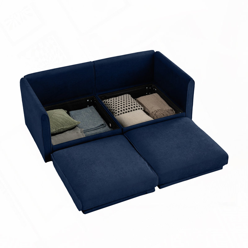 Canapé modulaire rembourré avec sièges de rangement, Bleu, H 27,9 po x l 75,5 po x P 37,4 po