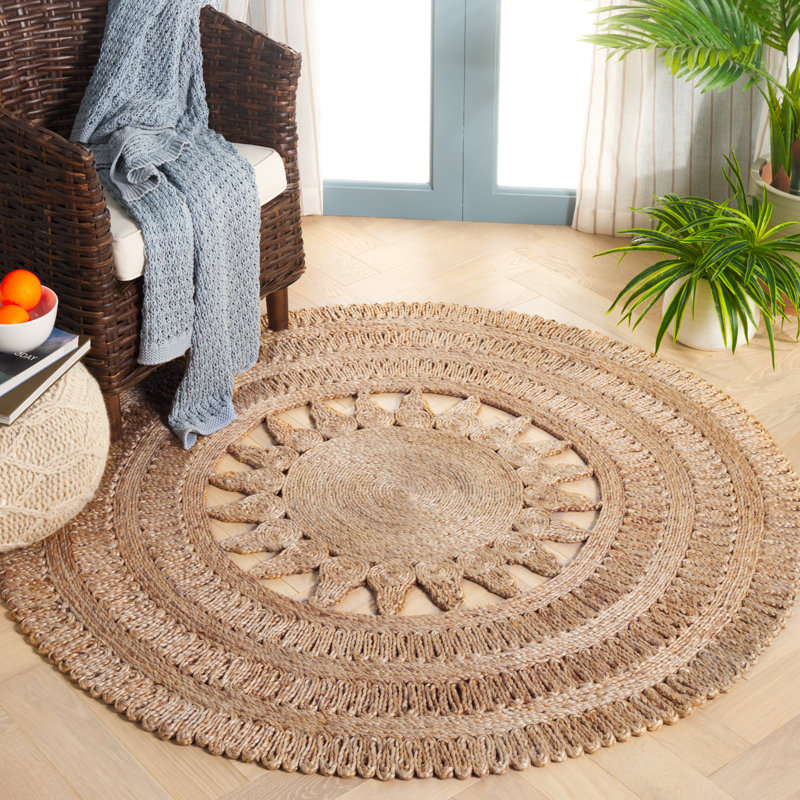 Marios Natural Fiber Flat Weave Jute Pile Rug, Round 5'
