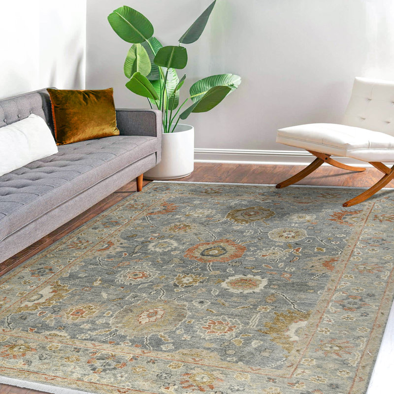 Tapis oriental gris en laine noué à la main Bungalow Rose, Rectangle de 10 pi x 14 pi