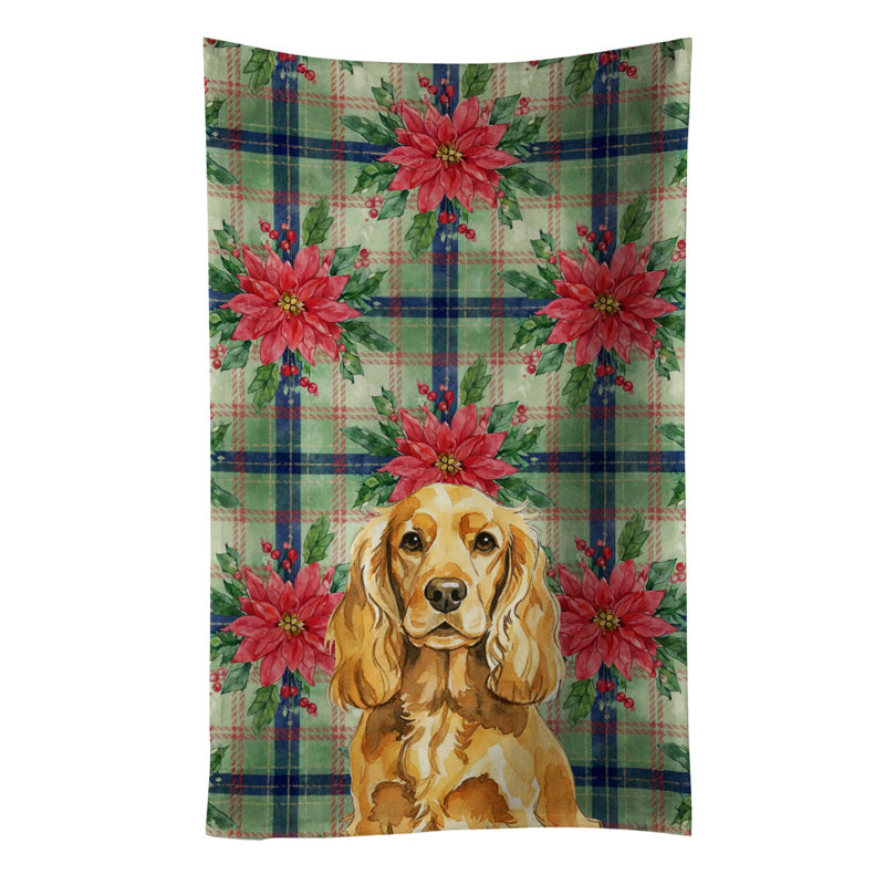 Golden English Cocker Spaniel Christmas PoinsettIas Kitchen Towel, Golden English Cocker Spaniel