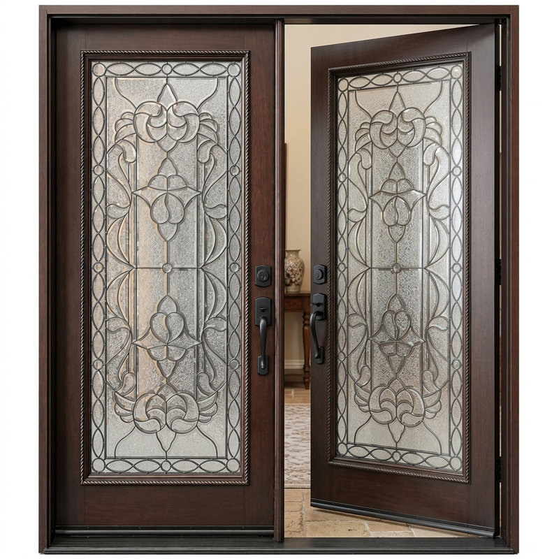 Porte d'entrée extérieure pré-montée en acajou prête à installer pour l'extérieur, Oui, H 80 po x l 72 po x P 1,75 po