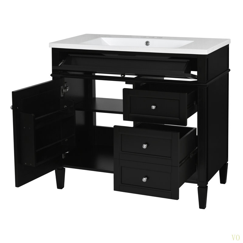 Meuble-lavabo de 36 po avec lavabo supérieur, armoire de rangement moderne avec miroir, 2 tiroirs et un tiroir basculant, armoire-miroir avec 6 tablettes ouvertes, meuble-lavabo simple