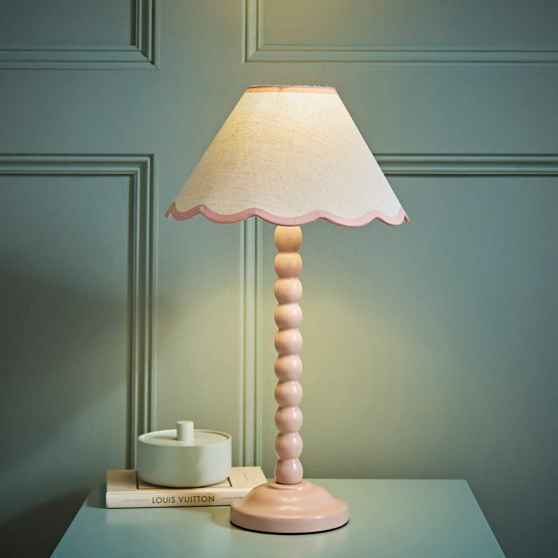 Nephi Bobbins Painted Table Lamp with Tapered Natural Linen Trim Scallop Shade, Natural Linen with Pink Trim, Pink, Yes