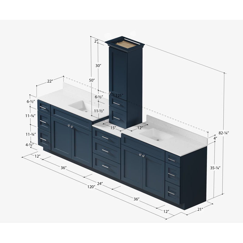 Meuble-lavabo double 120 po avec comptoir en bois massif Carrara, Bleu