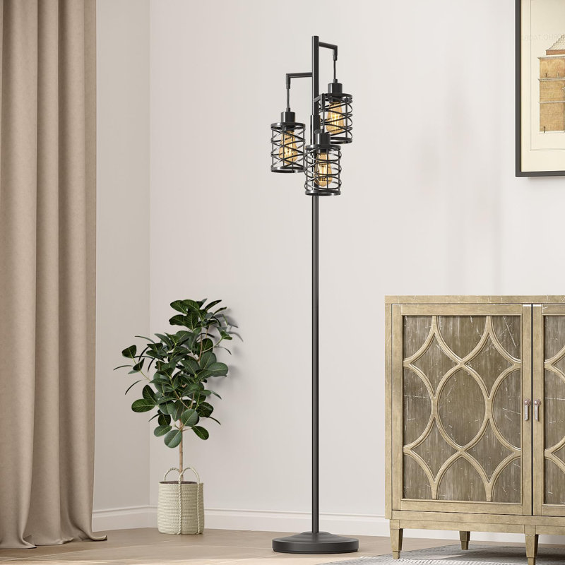 68" Industrial Floor Lamp With 3 Dimmable Bulbs, Black Farmhouse Standing Tree Lamp For Living Room, Bedroom, Office