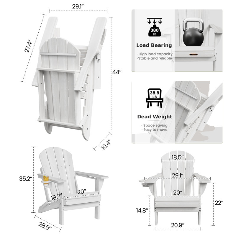 Mallette Adirondack Wood Texture HDPE Foldable Chair Pit Chair with Cup Holder, White