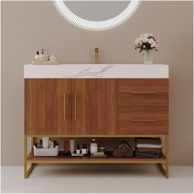 Meuble-lavabo moderne 36 po avec lavabo en céramique sans couture et armoire autoportante dorée, Brun