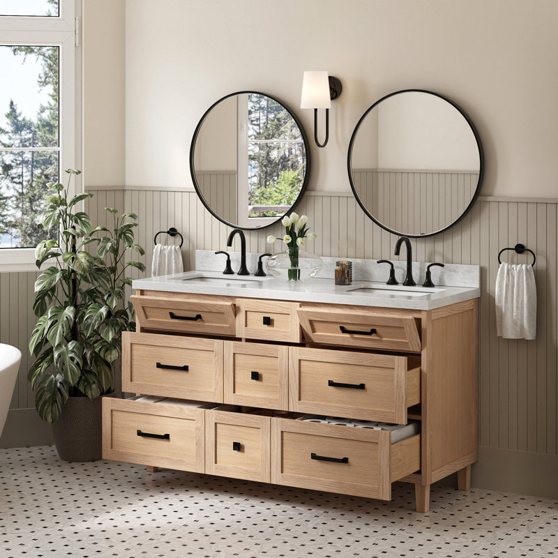 Ariel Monroe 61 Inch Double Rectangular Sink Bathroom Vanity With Italian Carrara Marble Countertop, Oak