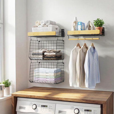 Wall Mounted Laundry Room Shelves, Wire Baskets With 8 Hooks And Hanging Rod,2 Pack Black