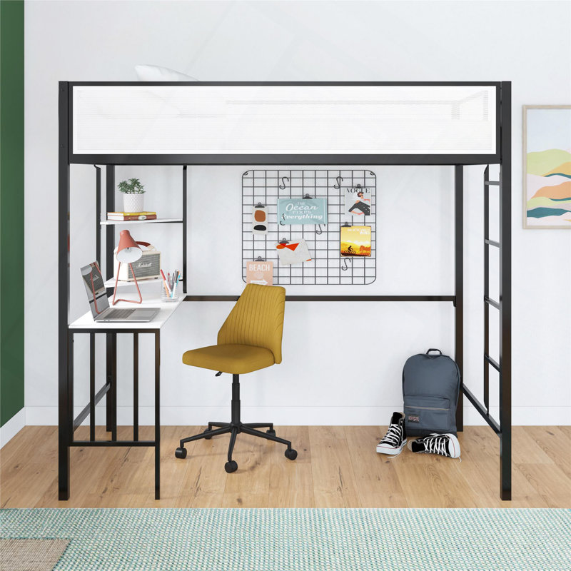 Lit mezzanine avec bureau et tablettes, Lit simple