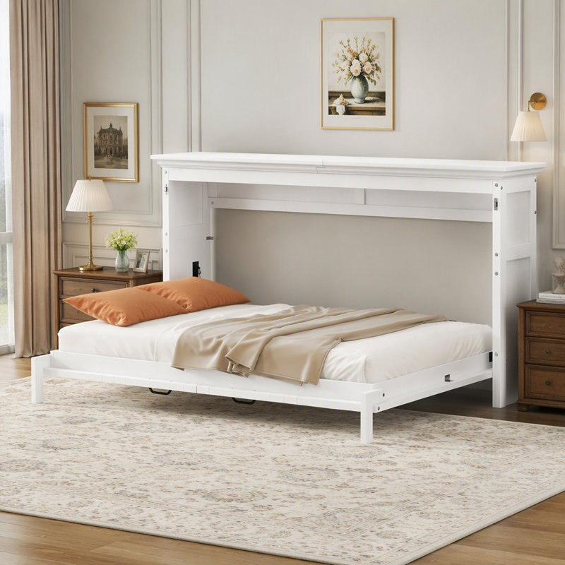 Lit escamotable gain de place avec rangement intégré, cadre en bois robuste pour un montage facile et sans sommier requis.