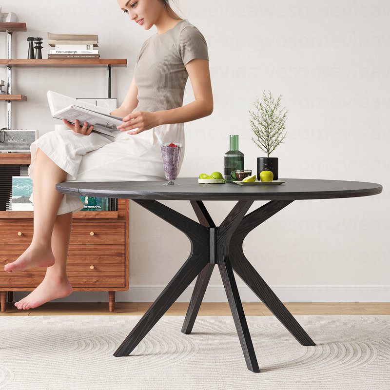 Table de salle à manger 47,2 "en bois massif pour 4 à 6 personnes avec base piédestal entrecroisée, Noir, Noir