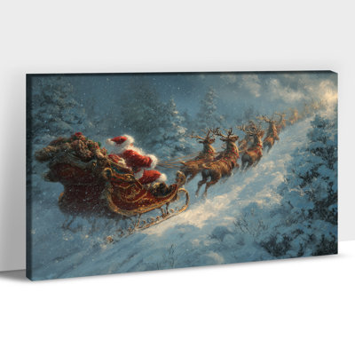 Christmas Art - Santa Claus Sleigh Ride Winter Pictures Wall Decor, Vintage Christmas Art Prints for Living Room, Snowy Forest Holiday Wall Art Canvas Prints Wrapped Pine Frame, 18×24 inches