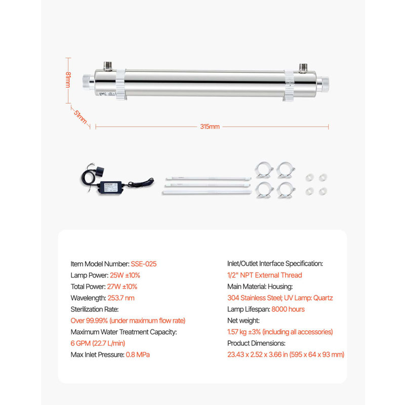 Filtre ultraviolet 110V 25W UV Water Purifier 6GPM