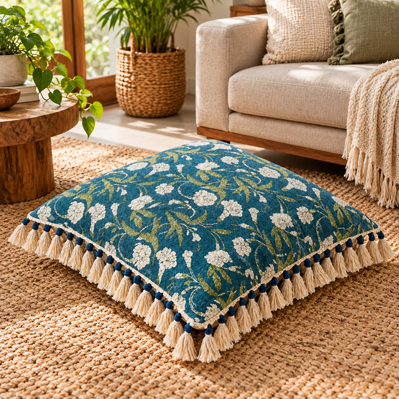 Coussin décoratif à imprimé floral de 50 x 50 cm avec rembourrage et pompons