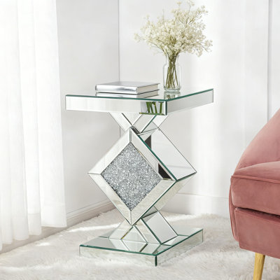 Table de bout moderne en miroir avec incrustation de cristal concassé, table d'appoint à finition miroir argentée pour le salon, la chambre à coucher ou le vestibule, entièrement assemblée