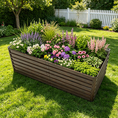 Wood-Toned Raised Metal Garden Bed with Safety Edges and Corrosion-Resistant Steel Frame for Easy Planting