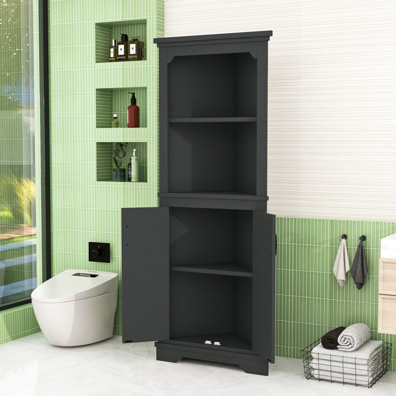 Armoire de rangement d'angle moderne et peu encombrante pour salle de bain, avec Ã©tagÃ¨re ouverte et rangement dissimulÃ©