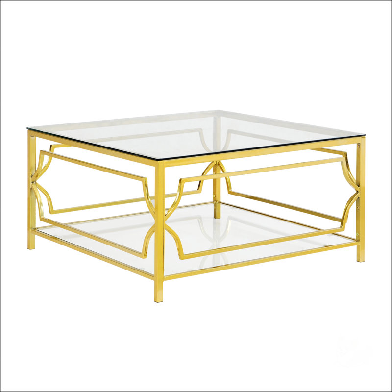 Table basse carrée en verre avec structure luxueuse en métal géométrique, finition dorée et tablette inférieure fonctionnelle