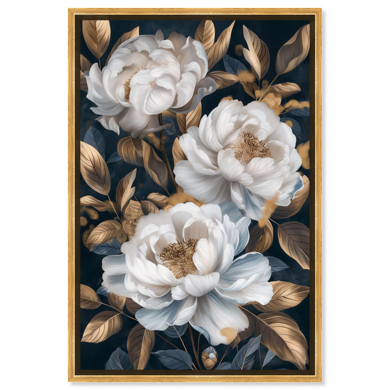 «Golden Emblems in White I», art floral de luxe par Art Remedy, Cadre doré, H 37 po x l 25 po
