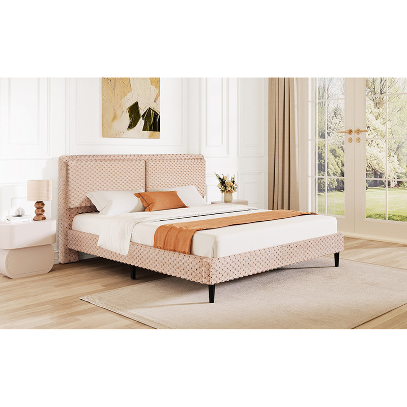 Lit pour chambre très grand chameau, tissu doux pour la peau, ajustement du corps confortable, structure en bois massif, lit d'apparence d'aspect doux avec revêtement doux, trois supports de dossier rembourrés, base stable et bords