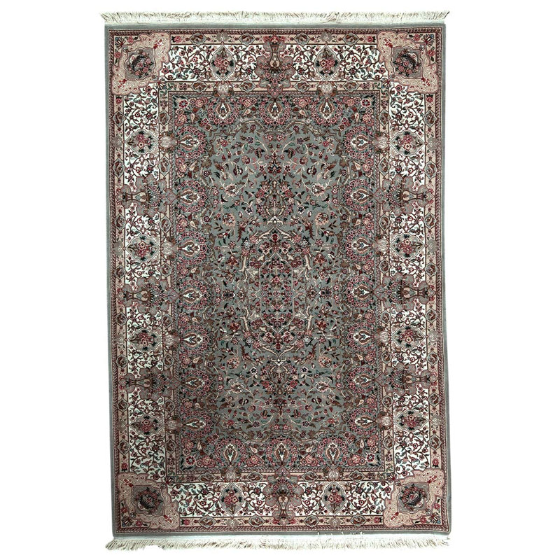 Tapis en laine noué à la main de conception unique 6 pi x 9 pi ivoire / vert clair / rose