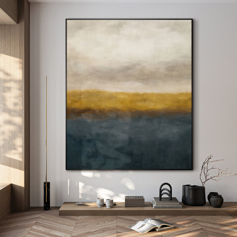 Très grande reproduction d'art sur toile - Champ doré et eau bleue, décor de paysage abstrait pour le salon ou la chambre à coucher - «Assemblage requis du cadre (cadre non fini)»
