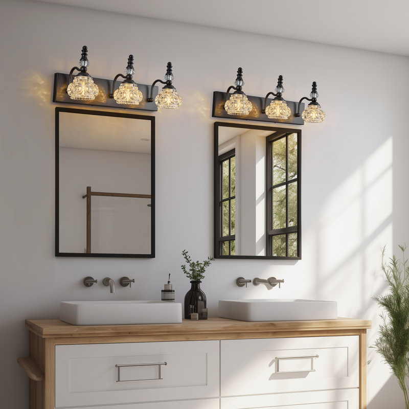 Modern Crystal Bathroom Vanity Light Black Vintage Bathroom Light Fixtures Glass Crystal Mirror Headlight（3-light）, 3 Lights