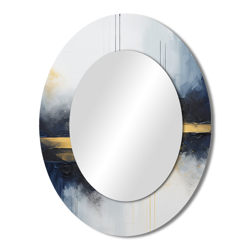 Blue And Yellow Marble Storm IV - Abstract Oval Decorative Mirror On Metal, 43" x 33"