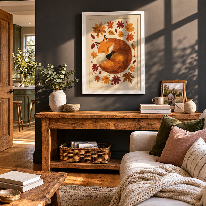 Autumn Fox Asleep Boho - Framed Print, A1 - 84.1 x 59.4 cm, White