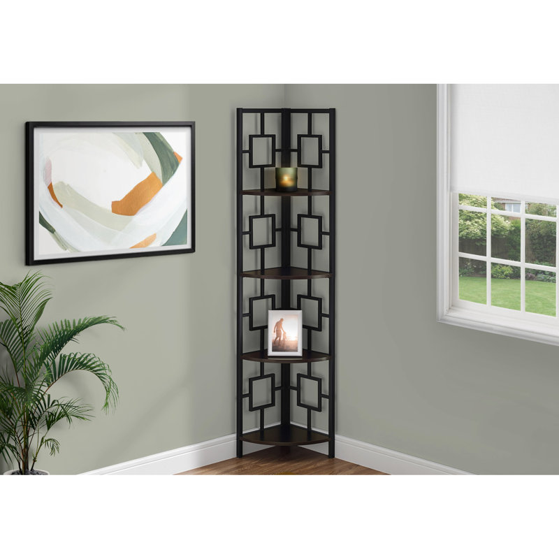 Bibliothèque d'angle à 4 niveaux - métal noir, stratifié pour chambre à coucher et bureau, brun
