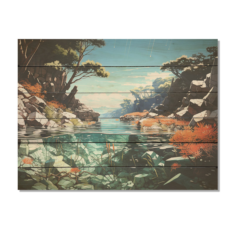 Corail et anémone, «Coastal Coral Under Water», art mural sur bois de pin naturel, H 24 po x l 32 po