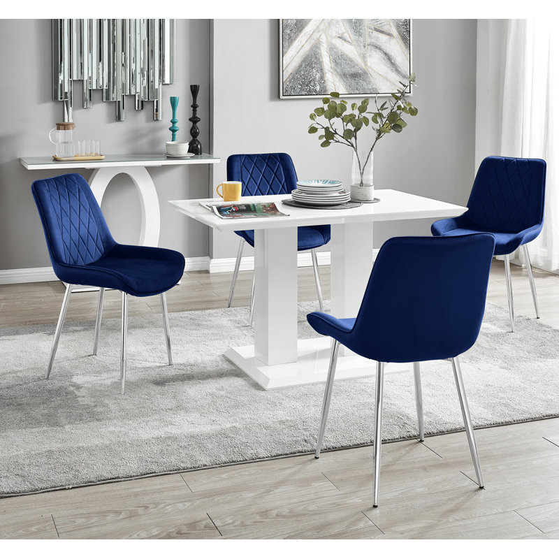 Edzard Double Pedestal High Gloss Dining Table Set with 4 Luxury Velvet Dining Chairs, White, Navy/Silver