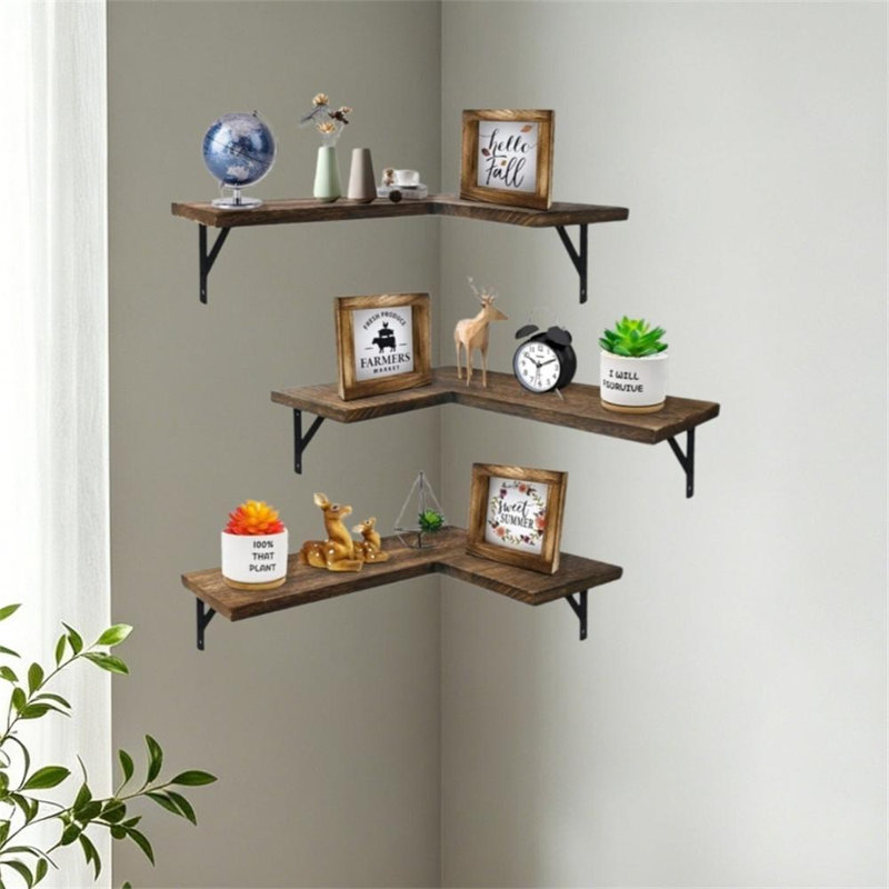 Rustic Wood Corner Floating Shelves - Set of 3