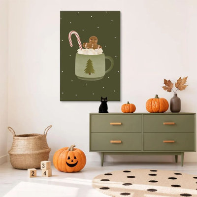 1 piece framed Abingdon painting of Christmas hot drinks, gingerbread men, and candy canes, vintage illustration style. Decorative printed vintage wall poster for home decor, modern artwork perfect for bedroom or living room