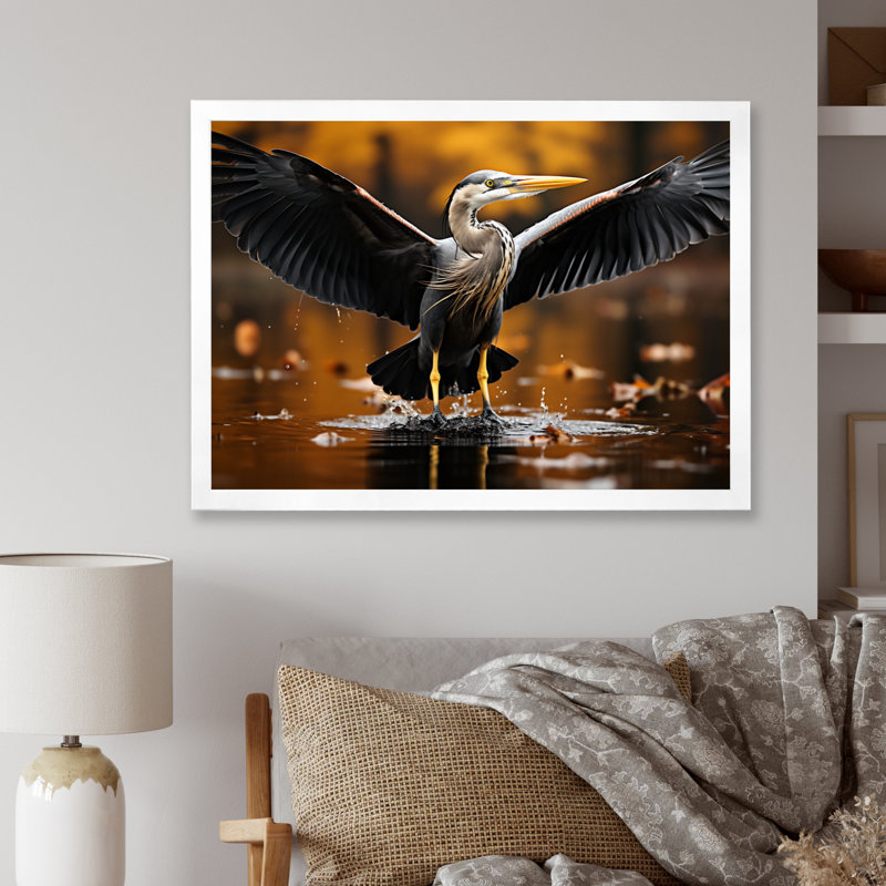 «Yellow Black Heron Elegance» dévoilé sur toile, H 24 po x l 32 po x P 1 po, Cadre photo blanc