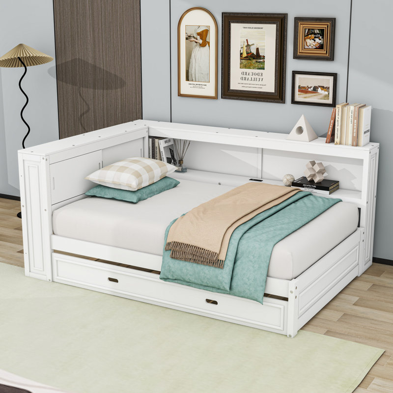 Lit de jour double en bois avec DEL, USB, tablettes de rangement et lit gigogne simple, Blanc