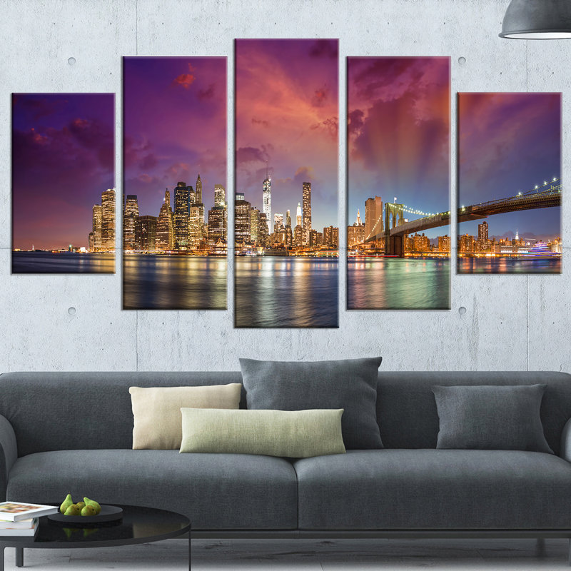 « new york city manhattan horizon », ensemble de 5 toiles tendues encadrées en rouge