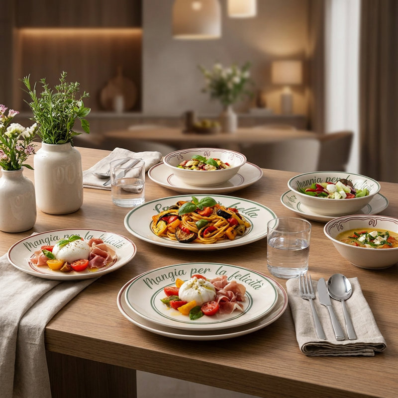 Service de vaisselle en porcelaine verte et rouge Italian Trattoria (service de 24 pièces pour 6 personnes)