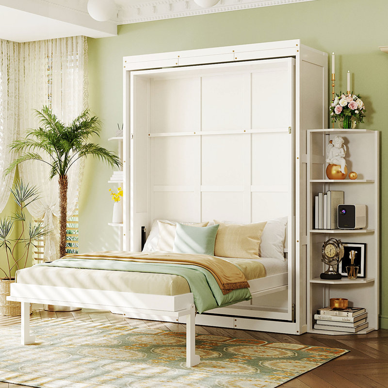 Lit rotatif avec armoire murale cachée, deux tablettes latérales à 3 niveaux, bureau convertible, rangement supplémentaire, idéal pour les petits espaces et les bureaux à domicile compacts, espace de travail blanc grand format 360, espaces,