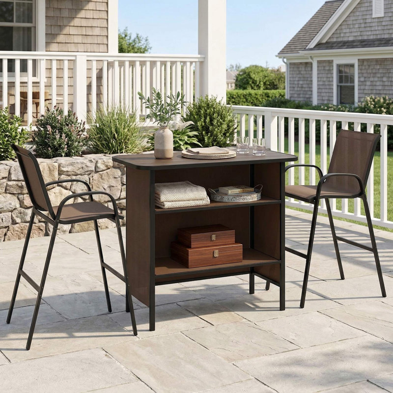 3-Piece All-Weather Outdoor Bar Bistro Set, 2 Bar Stools With Stable Non-Slip Footrest, 1 Bar Table With 2-Tier Storage Shelf, Rust-Proof Reinforced Frame Suitable For Patio Bar, Backyard