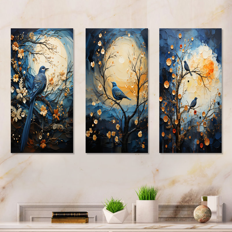 Ensemble de 3 décorations murales Springime Blue Bird Singing Blooms I - Bird, H 32 po x l 48 po