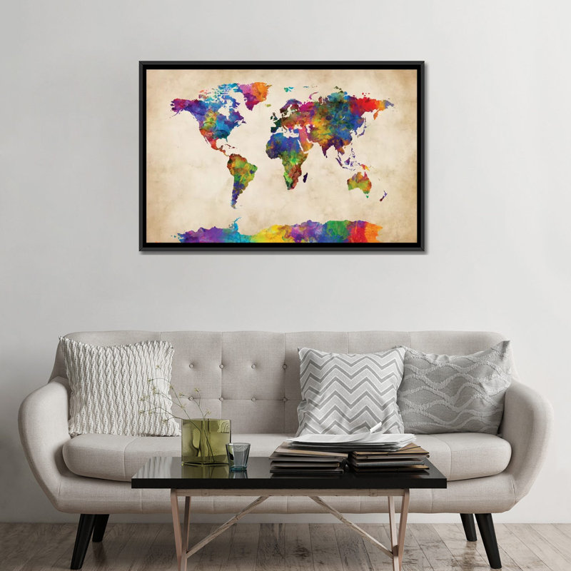 Série de carte du monde : strong aquarelles ii, impression sur toile tendue, H 32 po x l 48 po x P 1,5 po, Pas de tapis