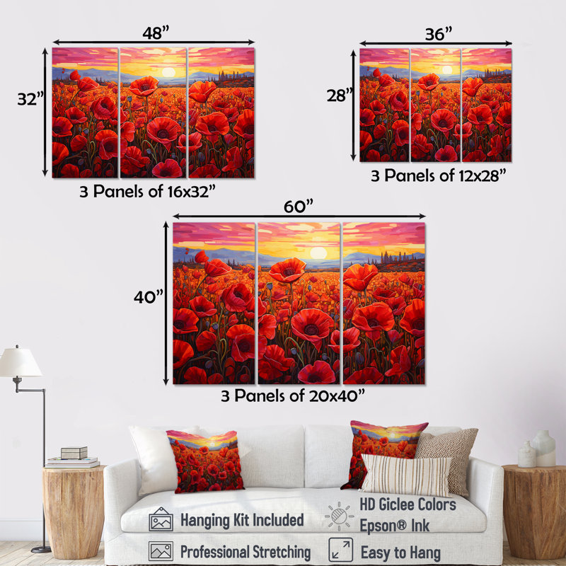 «Red Crimson Bloom Garden Serenade», ensemble d'art sur toile, H 28 po x l 36 po x P 1 po, Toile tendue