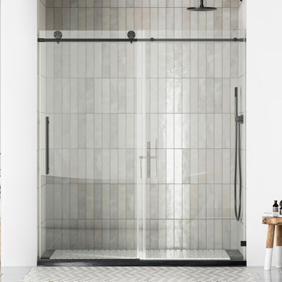 Porte de douche sans cadre l 56 à 60 po x H 76 po, porte de douche en verre, porte de douche coulissante avec verre trempé transparent ANSI de 5/16 po (8 mm), film antidéflagrant, quincaillerie en acier inoxydable, noir mat